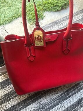 Ralph Lauren Red Leather Tote with Gold RLL Tag